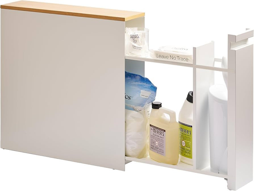 YAMAZAKI Home Pull-Out Bathroom Storage Cabinet with Wood Top, White | Amazon (US)
