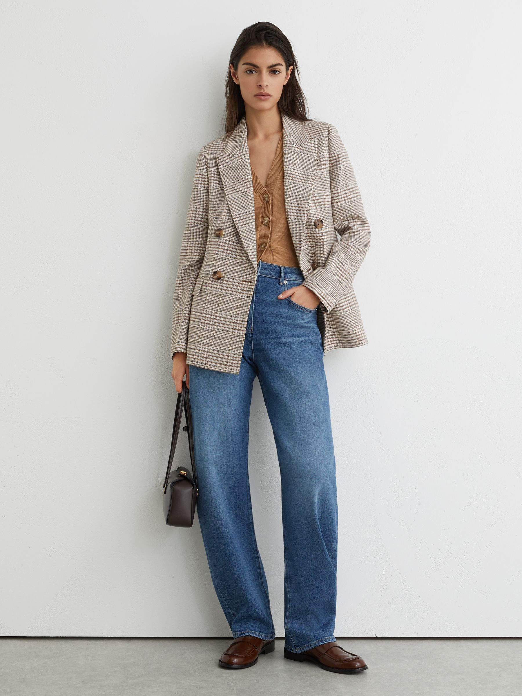 Reiss Double-Breasted Check Blazer Cotton-Linen in Neutral | REISS | Reiss US