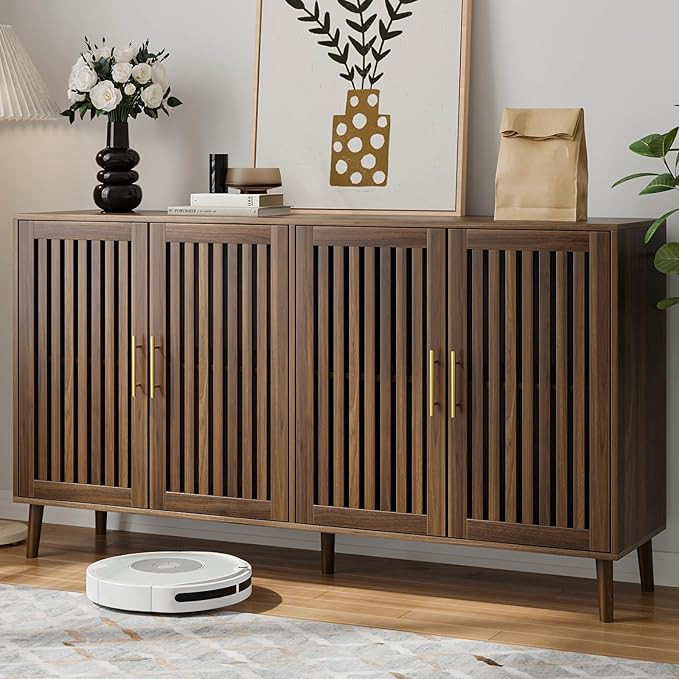 Buffet Cabinet with Storage, 63" Walnut Sideboard with Grille Doors&Adjustable Shelf, Wood Coffee... | Amazon (US)