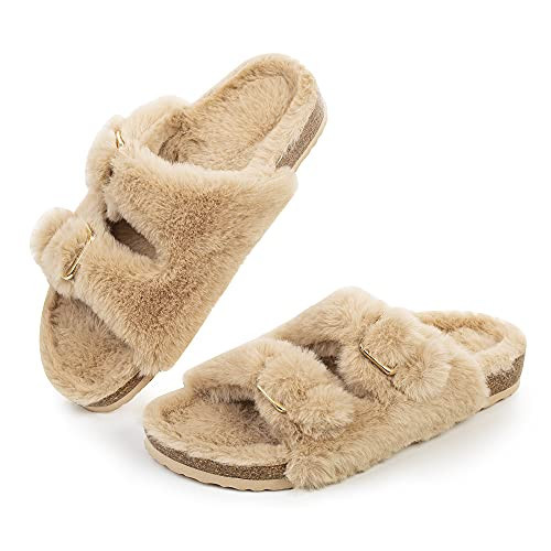 FITORY Womens Open Toe Slipper with Cozy Lining,Faux Rabbit Fur Cork Slide Sandals Size 11 | Amazon (US)