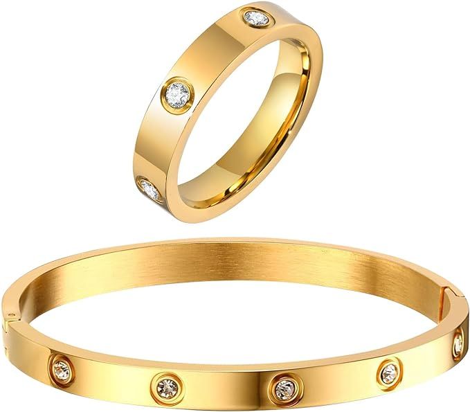 Gold Rings Bracelets for Women - 18K Gold Plated Love Friendship Bracelet Cubic Zirconia Bangle w... | Amazon (US)