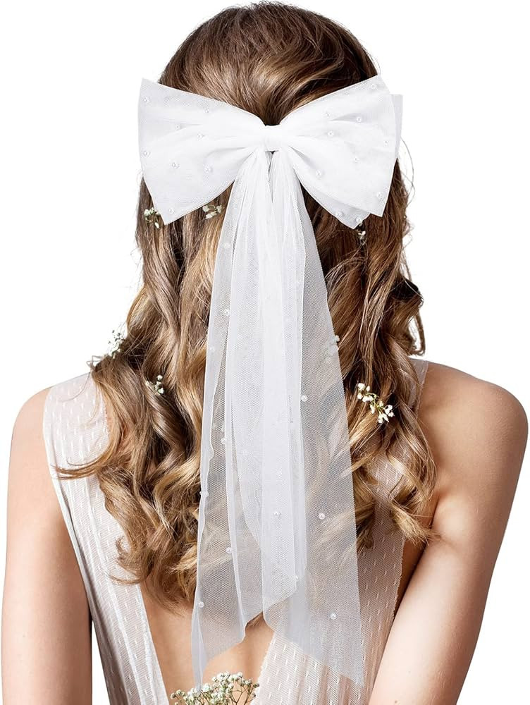 Juinte Bridal Hair Bow Veil Bachelorette Party Pearl Hair Clip Wedding Veil Bride Hair Accessorie... | Amazon (US)