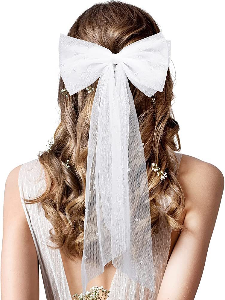 Juinte Bridal Hair Bow Veil Bachelorette Party Pearl Hair Clip Wedding Veil Bride Hair Accessorie... | Amazon (US)