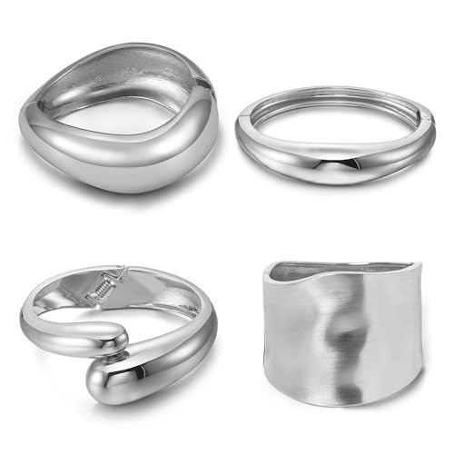 MEDOJO 4 Pcs Women Silver Cuff Bracelet Hinged Design Bracelet Trendy Chunky Cuff Bangle Thick Silver Bracelets for women | Amazon (US)