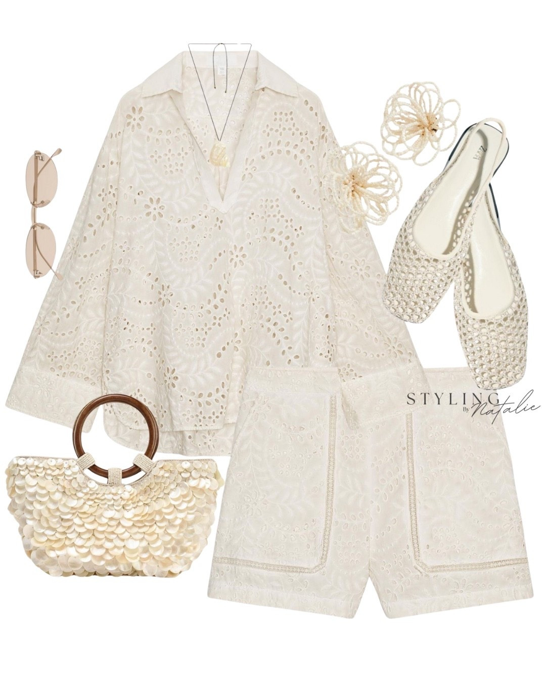 Zara styling- cut work embroidered co-ord set, broderie anglais shirt and matching shorts, mesh ballerina slingbacks, pearlescent top handle bag. Neutral outfit, beach wear, vacation, holiday outfit, summer look, casual chic. 

#LTKsummer #LTKuk #LTKstyletip