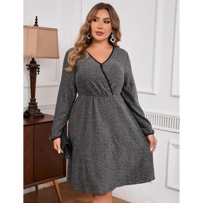 Women's Plus Size Long Sleeve Wrap V Neck Sparkly Sequin Dress Cocktail Club Dress Silver Black 5XL | Target