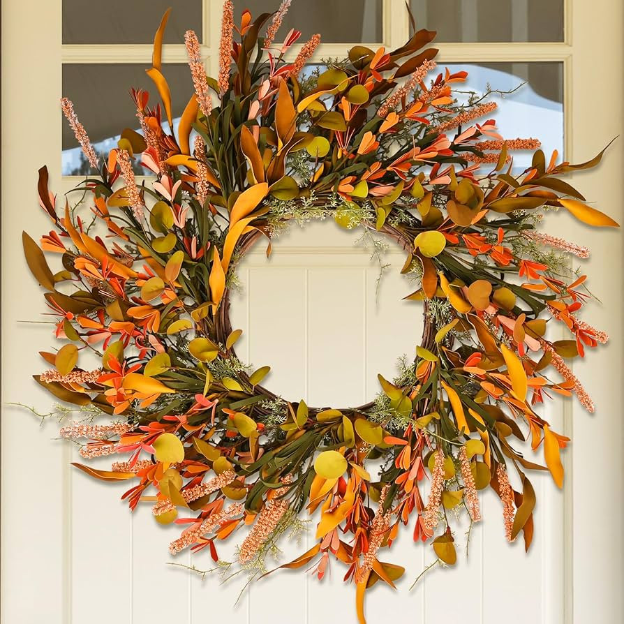 24" Orange Flower Fall Wreath with Colorful Mixed Leaves, Autumn Eucalyptus Artificial Wreath for... | Amazon (US)