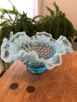 Vintage Fenton Hobnail Glass Blue opalescent Ruffled Candy Dish / Bowl  | eBay | eBay AU