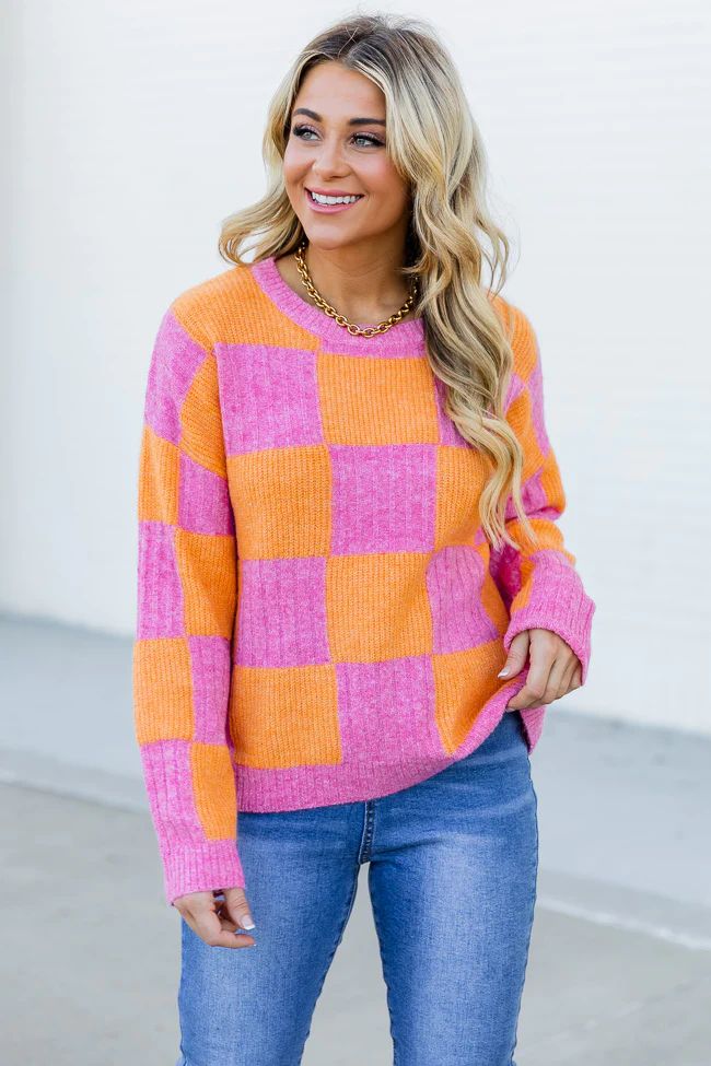 Illuminating Spirit Pink And Orange Fuzzy Checkered Sweater | Pink Lily