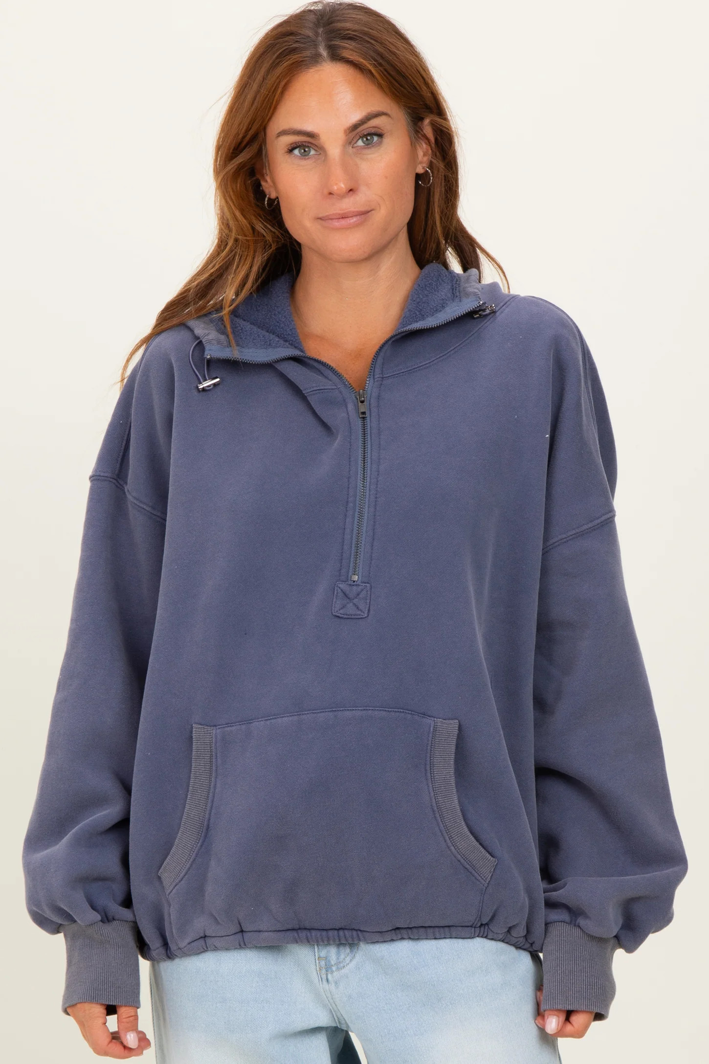 Navy Fleece Half Zip Drop Shoulder Hoodie | PinkBlush Maternity