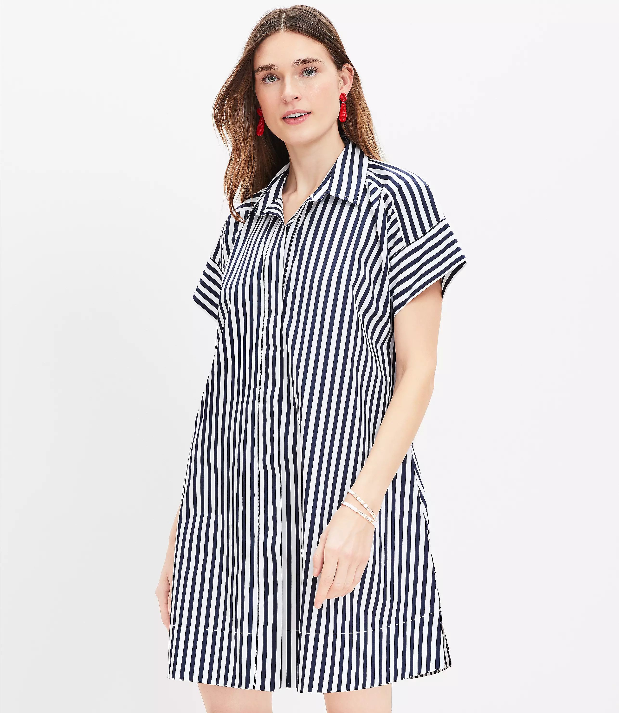 Striped Poplin Short Sleeve Pocket Shirtdress | LOFT