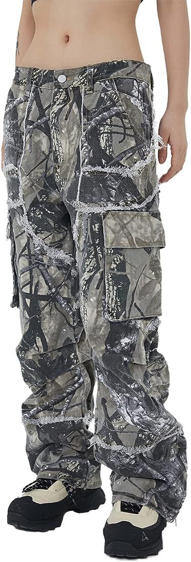 KGYA Unisex Camo Cargo Pants, Multi Pockets Raw Edge Oversized Straight Zipper Wide Legs Streetwe... | Amazon (US)