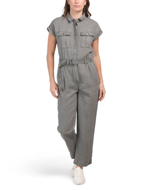 Linen Blend Jumpsuit With Chest Pockets And Tie Front | TJ Maxx