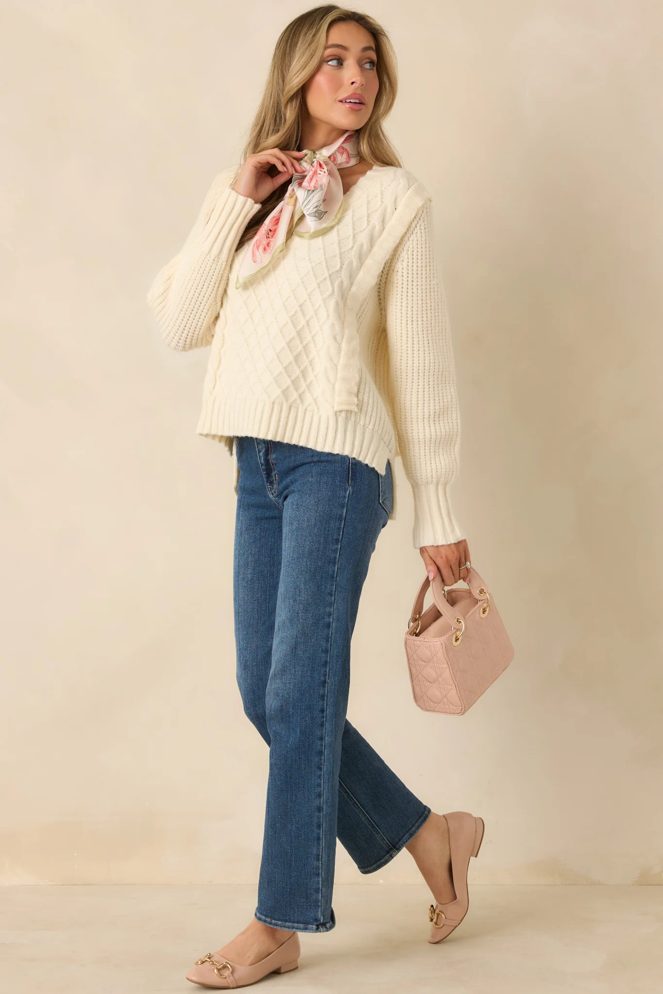 Softly Structured Ivory Knit Textured Panel V-Neck Sweater | Red Dress