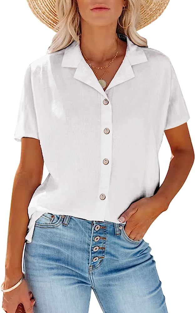Zeagoo Women Cotton Shirt Button Down Short Sleeve Linen V Neck Blouse Casual Work Tunic | Amazon (US)