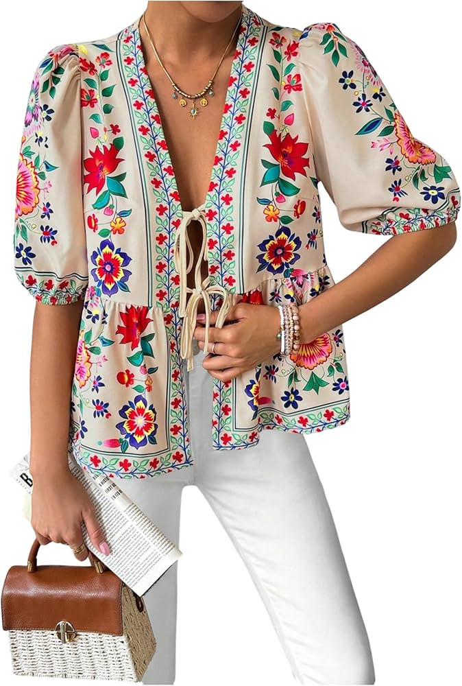 GORGLITTER Women's Tie Front Floral Peplum Tops Bow Puff Short Sleeve Babydoll Shirt | Amazon (US)