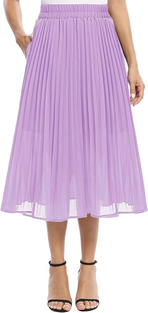 EXCHIC Women's Casual Chiffon Elastic Waist A-Line Pleated Midi Skirt with Pockets | Amazon (US)