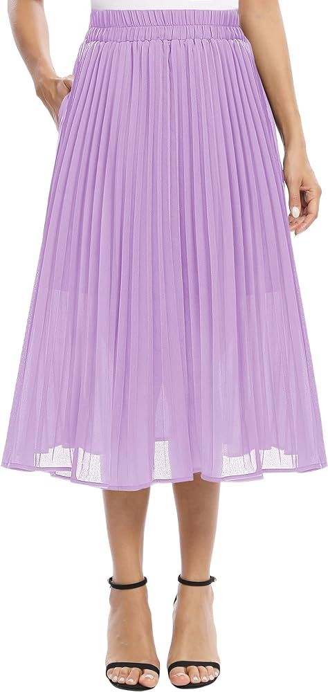 EXCHIC Women's Casual Chiffon Elastic Waist A-Line Pleated Midi Skirt with Pockets | Amazon (US)