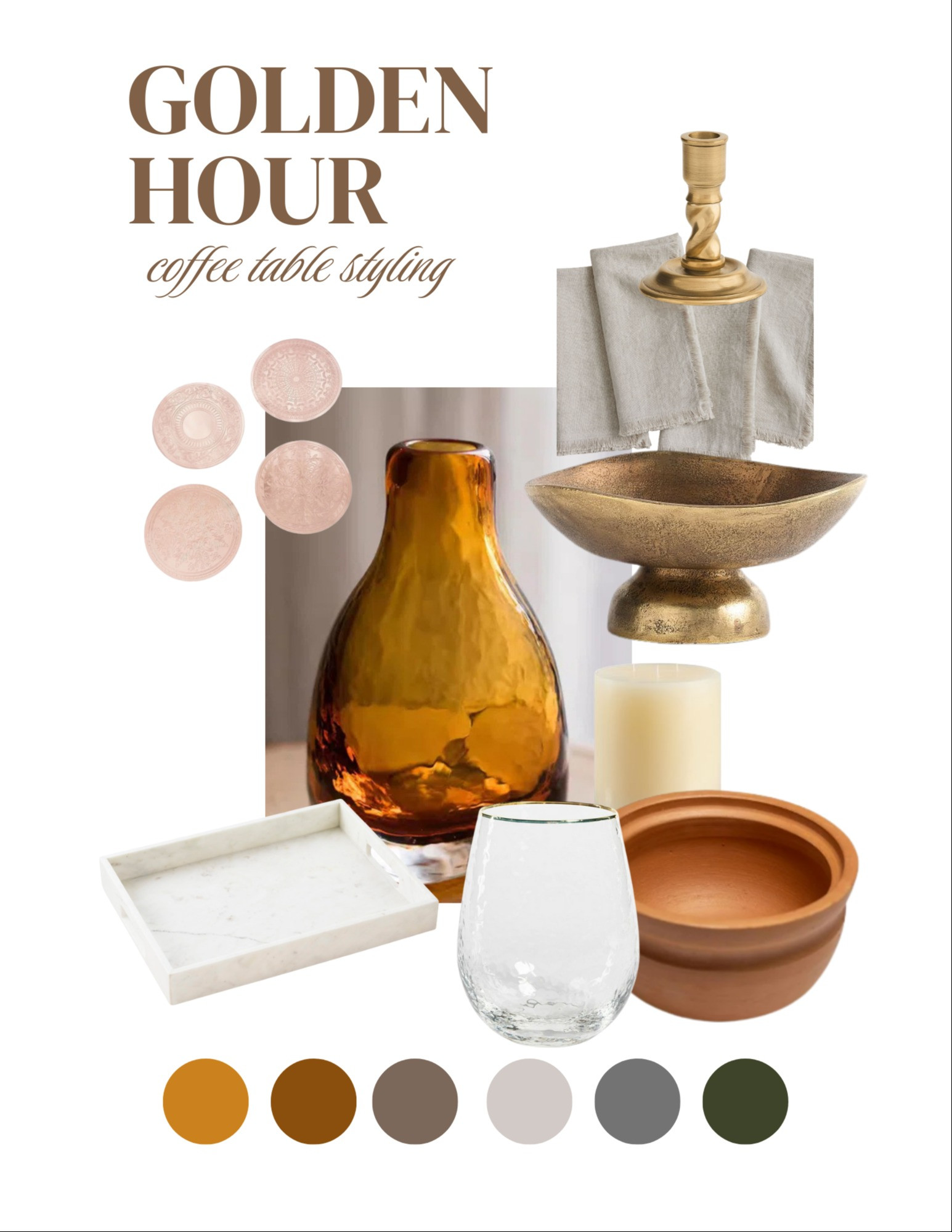 Shop this Golden Hour coffee table styling featuring warm amber glass vase, brass decorative bowl, terracotta accents, and neutral linen pieces for modern living room decor. Perfect for creating an elegant coffee table display with warm tones, metallic accents, and organic textures. Get the complete look with these coffee table decor essentials including brass candlestick, amber pillar candle, wood serving tray, and copper coasters for sophisticated home styling.

#coffeetablestyling
#coffeetabledecor
#goldenhour
#amberglassvase
#brassdecorativebowl
#livingroomdecor
#coffeetabledisplay
#warmtones
#metallicaccents
#homestyling
#brasscandlestick
#woodservingtray
#coppercoasters
#terracotta
#modernlivingroom 

 #LTKHome