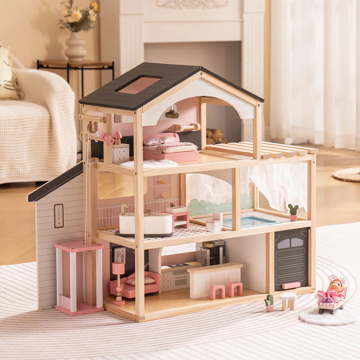Large Wooden Dollhouse, Doll Villa With Furniture, With Elevator, Garage, Pavilion, And Swimming ... | Wayfair North America