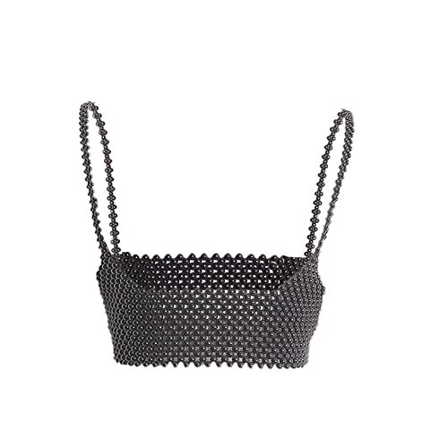 Women Pearl Cami Tops Sexy Solid Hollow Out Sleeveless Spaghetti Strap Crop Vest Party Aesthetic Body Chain Clubwear C Black | Amazon (US)