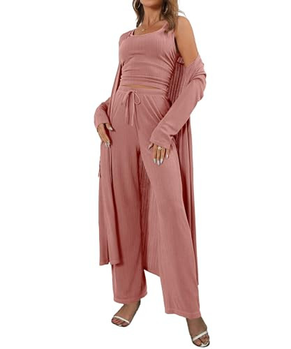 Mushan Women's 3 Piece Lounge Set Open Front Cardigan Pajamas Set Rubber powder S | Amazon (US)