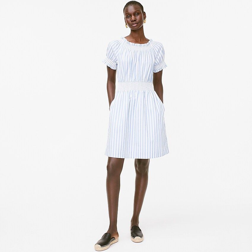 Smocked puff-sleeve cotton poplin dress in stripe | J.Crew US