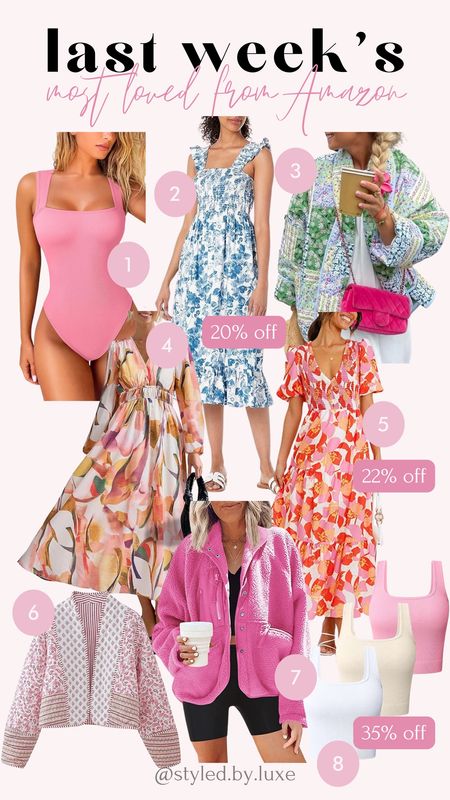 Last week’s most loved from Amazon!

Bodysuit, tank top, midi dress, floral dress, spring dress, quilted jacket, fleece jacket 

#LTKfindsunder50 #LTKstyletip #LTKSeasonal