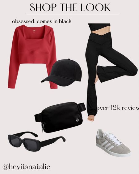 Casual fall ootd. 
Top is Abercrombie ypb line. Technically yoga top fits tight I did a medium. 
Flared yoga pants from Amazon. True to size. Wearing  in a small. 
Hat is for Marcella. Link similar from Amazon. Adidas gazelle I sized down one size. 90s sunglasses are my favorite. Lululemon belt bag.

#LTKover40 #LTKfitness #LTKxPrime