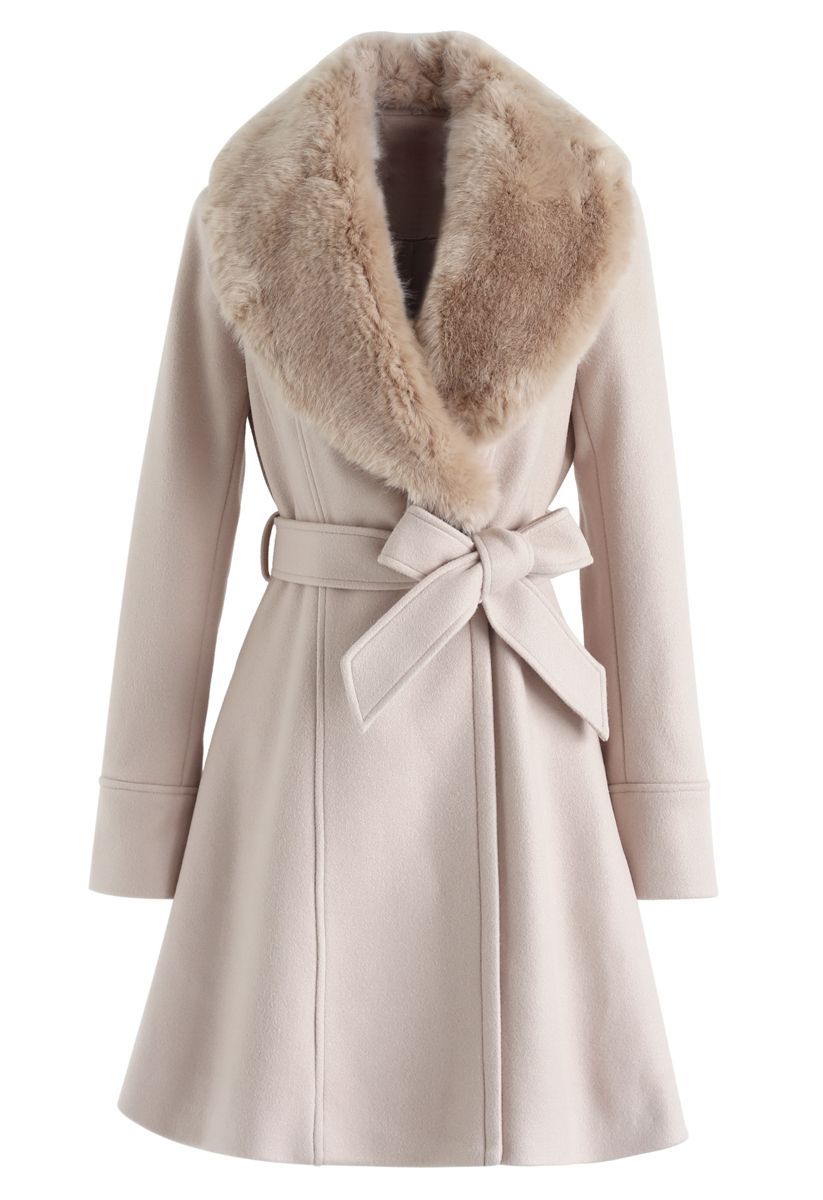 Faux Fur Collar Belted Flare Coat in Nude Pink | Chicwish