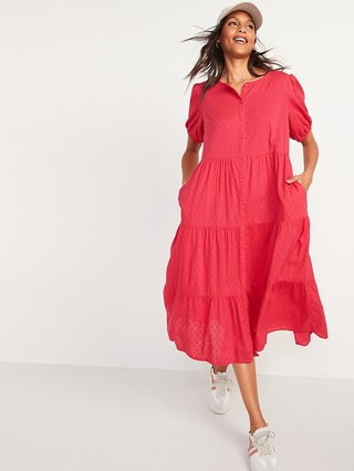 Puff-Sleeve Clip-Dot Button-Front Midi Swing Dress for Women | Old Navy (US)
