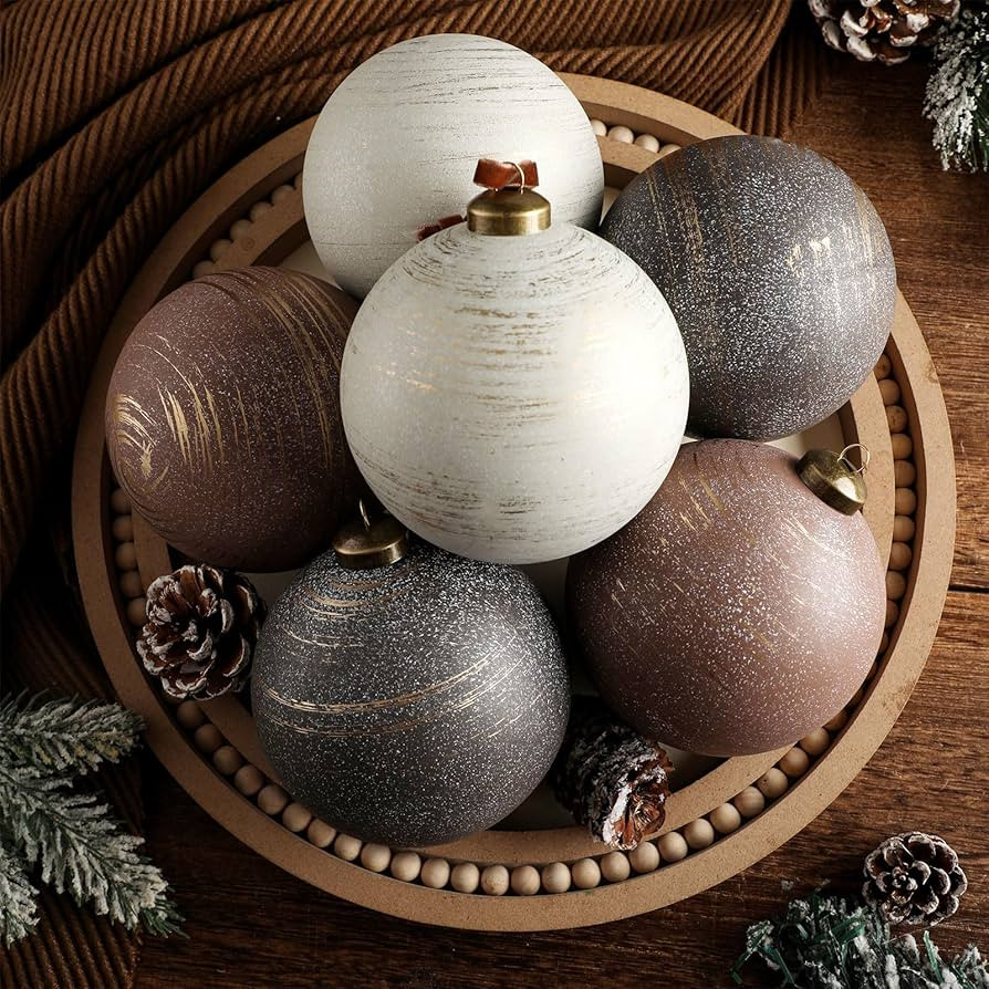 6 Pcs 4 Inch Neutral Christmas Ball Ornaments with Velvet Ribbon Large Rustic Textured Copper Bro... | Amazon (US)