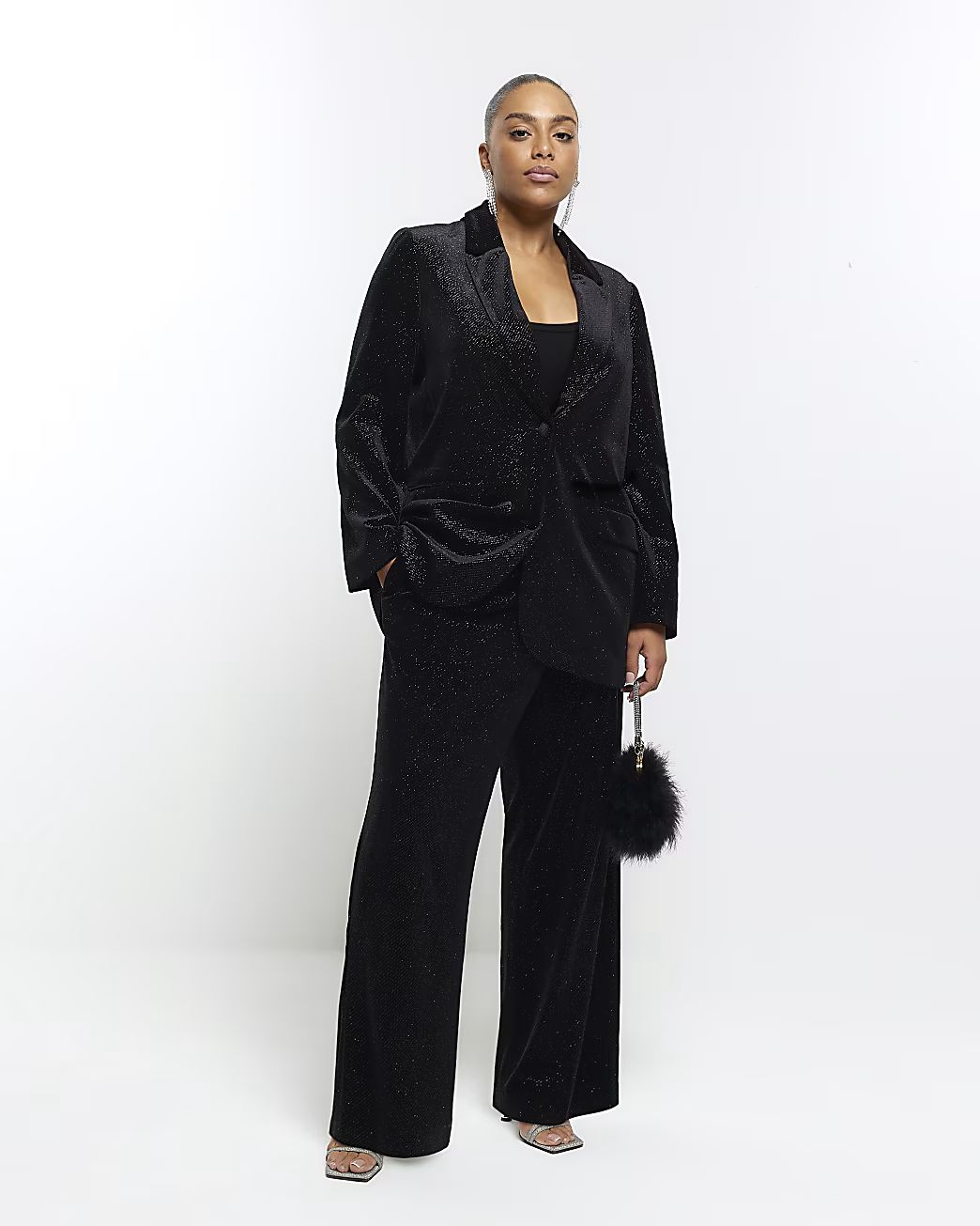 Plus black velvet sparkle slim trousers | River Island (UK & IE)