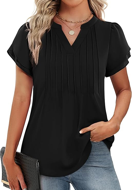 Funlingo Womens Tops Short Petal Sleeve V Neck Blouses Fashion 2026 Spring Dressy Casual Pintuck ... | Amazon (US)
