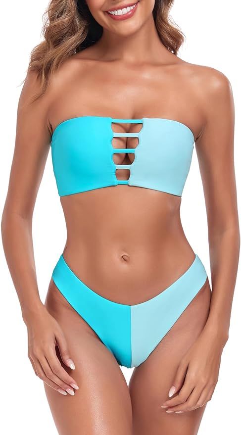 RELLECIGA Women's Two Piece Bandeau Bathing Suits Cutout Front Bikini Sets for Women | Amazon (US)