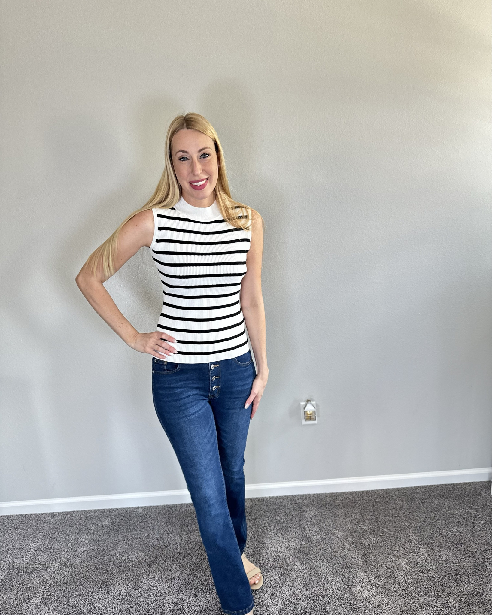 Mock neck striped spring sweater 
💙 very stretchy and cozy 
💙 lightweight knit 
💙 wearing size small 

#LTKfindsunder50 #LTKstyletip #LTKworkwear