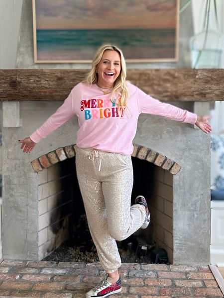 Always love a sequin jogger aka fancy pants. Wearing size small in both pieces. Love the sweatshirt with joggers or jeans! Use code FANCY15 for 15% off  

#LTKHoliday #LTKstyletip #LTKSeasonal