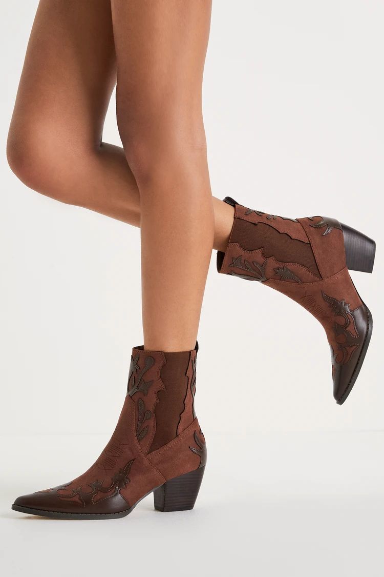 Canyon Brown Suede Pointed-Toe Mid-Calf Western Boots | Lulus (US)