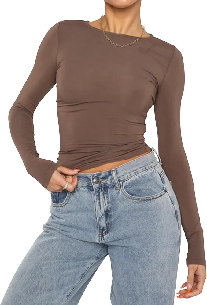 Meladyan Women’s Casual Basic Going Out Crop Tops Long Sleeve Slim Fit T-Shirt Crew Neck Workou... | Amazon (US)