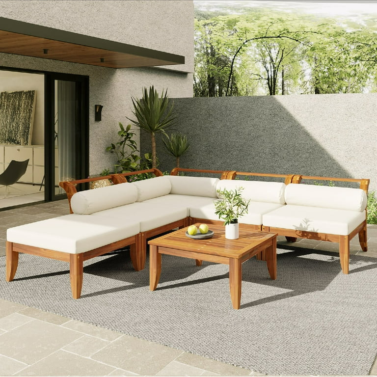 6 Piece Patio Sofa Set, Acacia Wood Outdoor Modular Sectional Garden Furniture Set L-Shaped Conve... | Walmart (US)