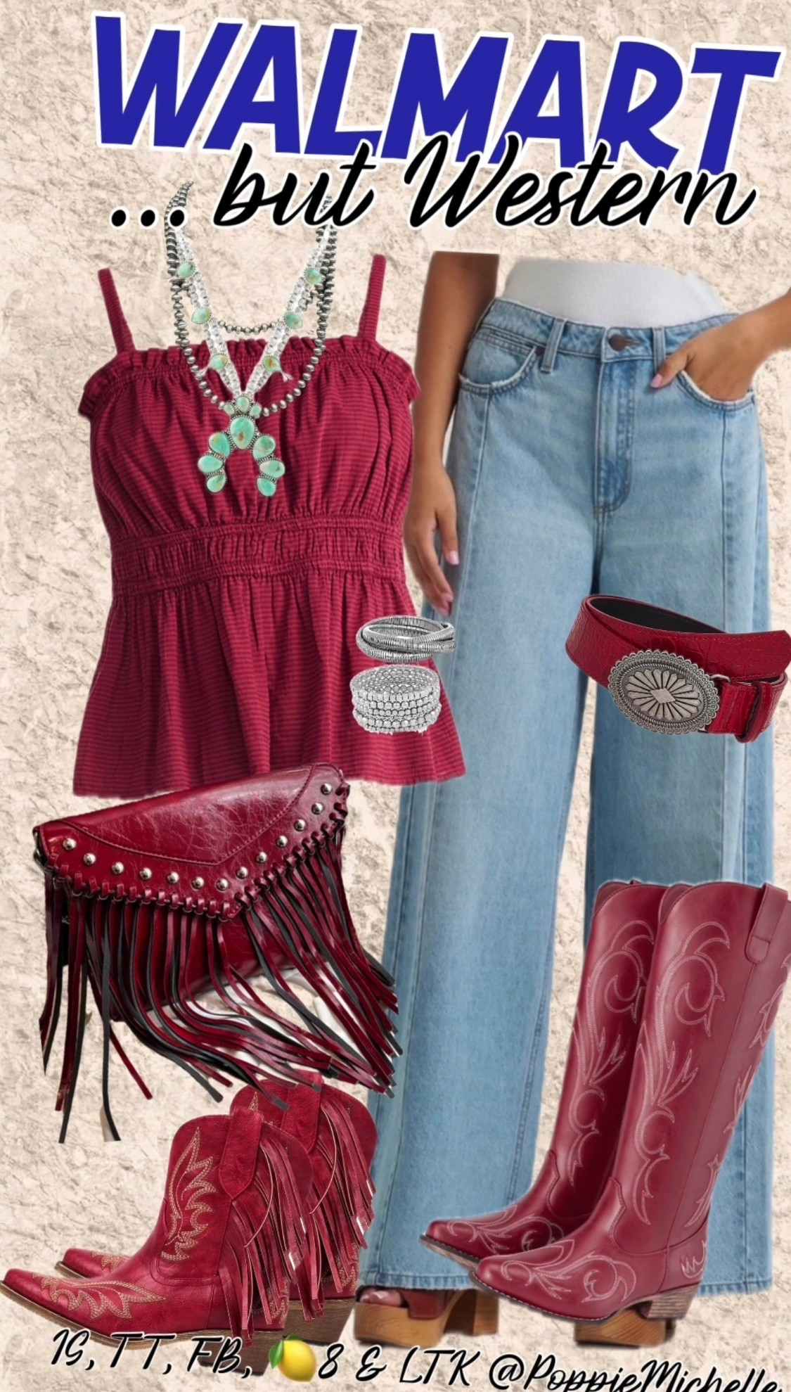 Walmart...but western. It's Rodeo Season here in Texas. I'm gathering up all the pieces to make this rodeo season be the best dressed one yet. How about a red peplum top with wide leg wrangler trouser jeans red cowboy boots / red fringe cowboy booties topped off with red fringe clutch purse. Red concho belt and a beautiful squash blossom necklace

#LTKootd #LTKgrwm #LTKdayinmylife