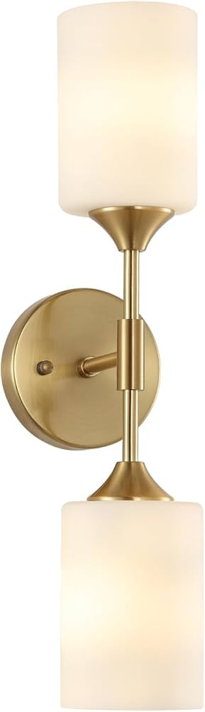 2-Lights Gold Wall Sconce with White Cylinder Glass Shades Modern Mid Century Bathroom Vanity Wal... | Amazon (US)