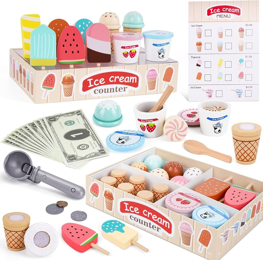 Wooden Ice Cream Toys for Toddlers 3-5, Kids Wooden Toys Play Kitchen Accessories, Play Food Sets... | Amazon (US)