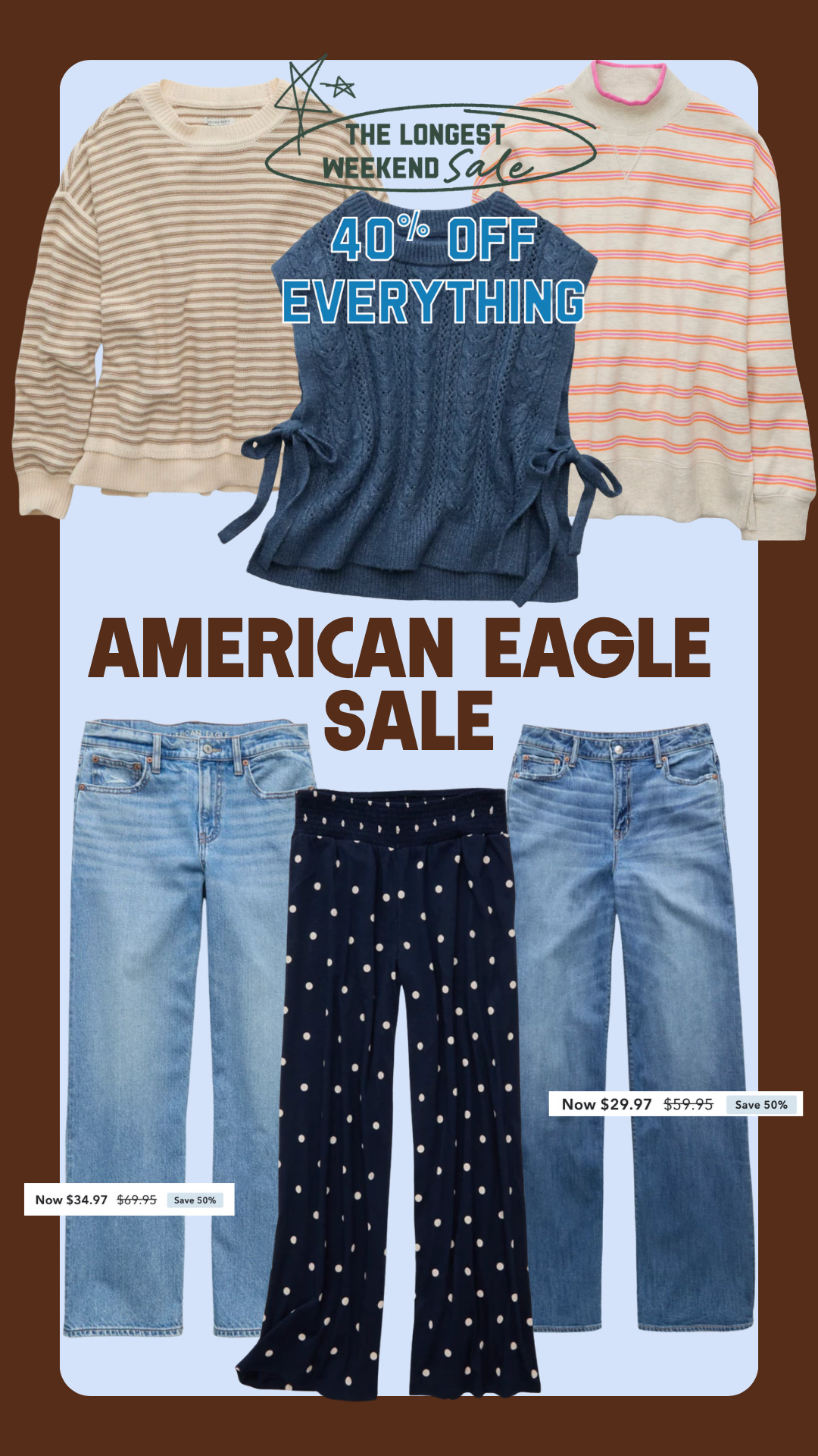 American Eagles has the cutest new summer to fall transition pieces and they are 40% off... INCLUDING JEANS! My actual dream come true!! 

 #LTKootd #LTKSeasonal #LTKSaleAlert
