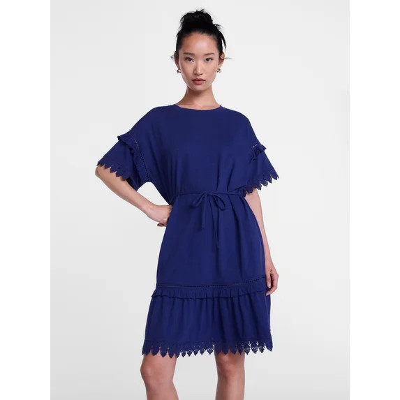 Scenario Women's Lace Trim Knit Dress with Short Sleeves, Sizes XS-XXXL | Walmart (US)