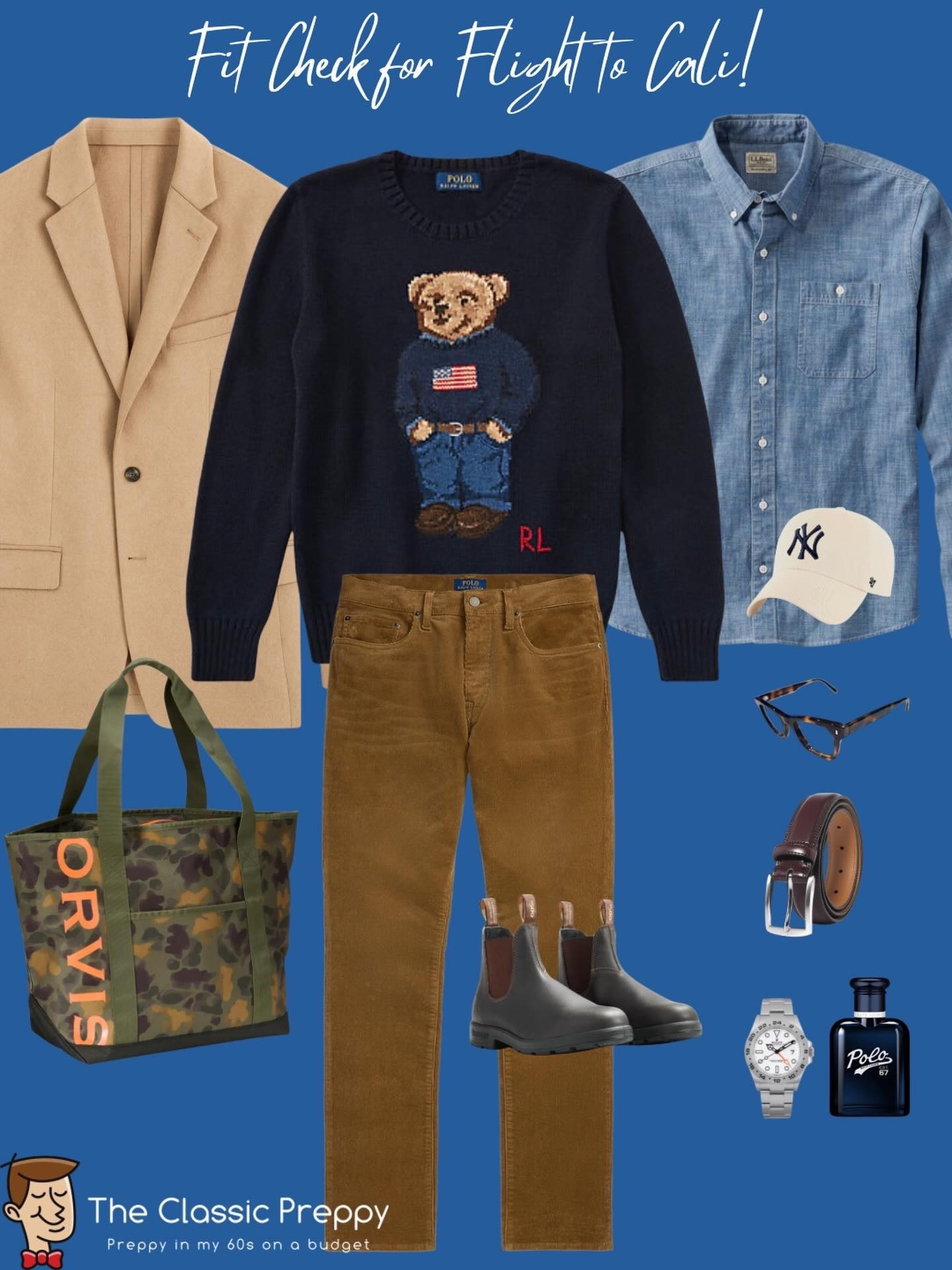 Classic travel outfit for men over 60 that balances comfort, classic style, and smart layering for flying.

🧥 Sport coat @michaelkors via @macys 
🧶 Polo Bear sweater @poloralphlauren 
👕 Chambray shirt @llbean 
👖 Corduroys @poloralphlauren
🥾 Chelsea boots @blundstoneusa 
👜 Canvas tote @orvis
🕶 Eyeglasses @warbyparker 
🌿 Fragrance Polo ’67 @poloralphlauren

#ClassicPreppy
#PreppyStyle
#TravelOutfit
#over60outfit