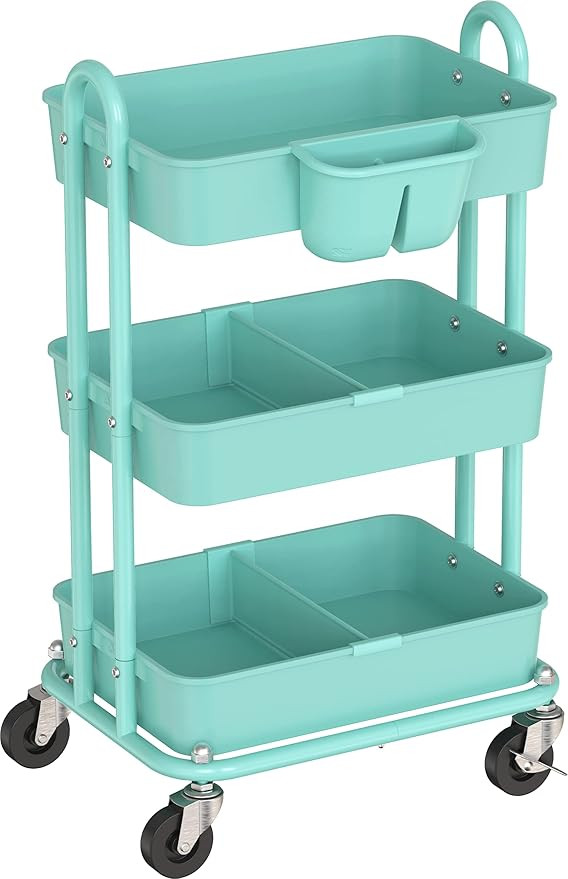 Simple Houseware 3-Tier Rolling Utility Cart with Basket Dividers and Hanging Buckets, Turquoise | Amazon (CA)