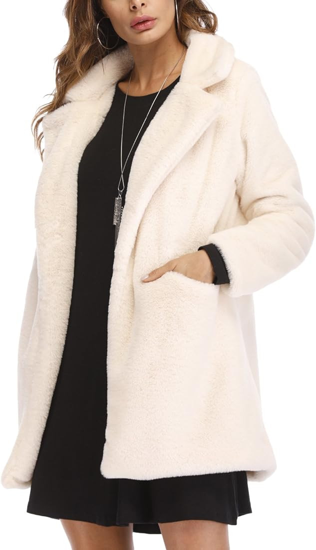 Remelon Womens Long Sleeve Winter Warm Lapel Fox Faux Fur Coat Jacket Overcoat Outwear with Pockets | Amazon (US)