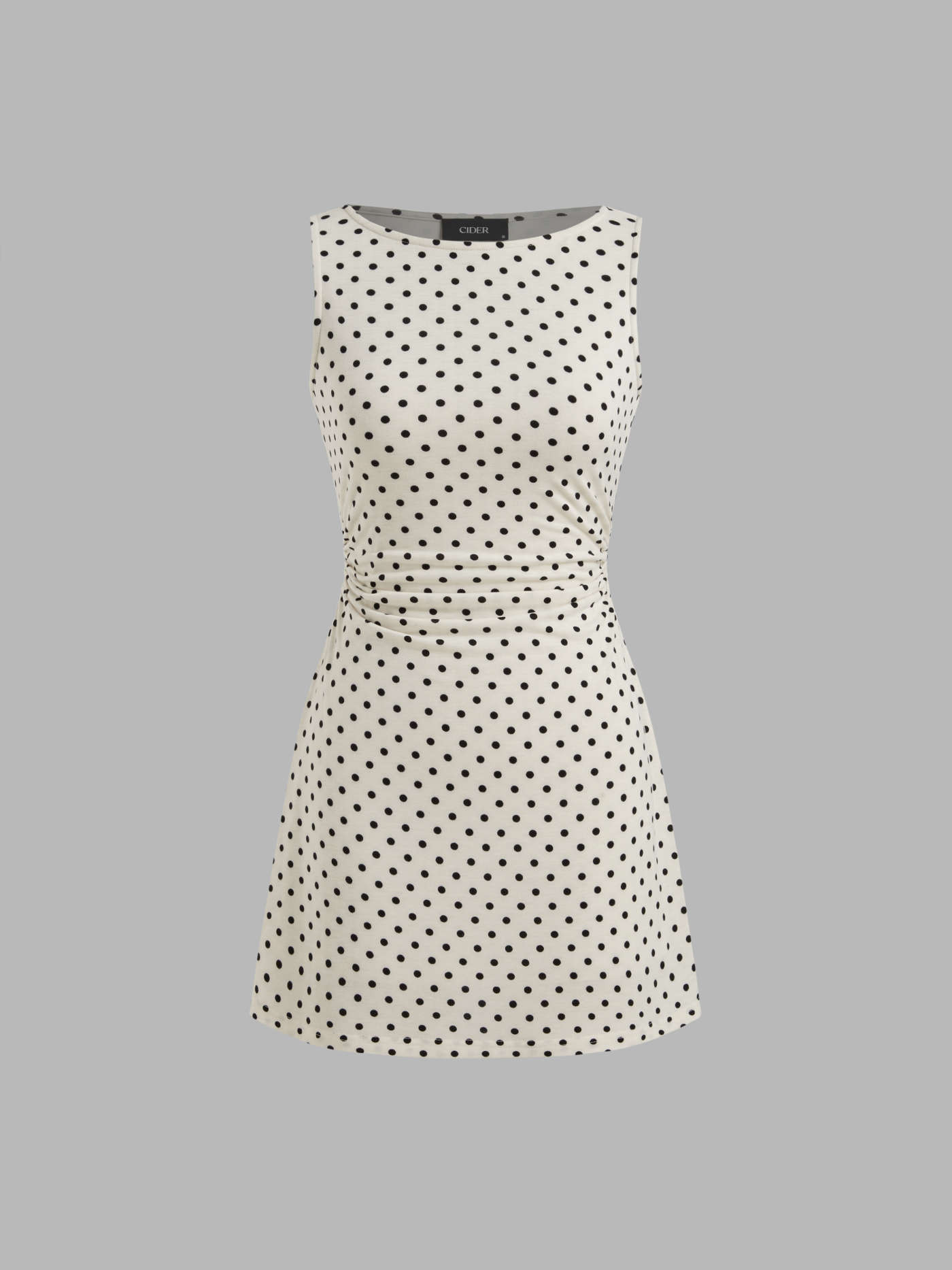 Boat Neck Polka Dot Ruched Mini Dress... | Cider