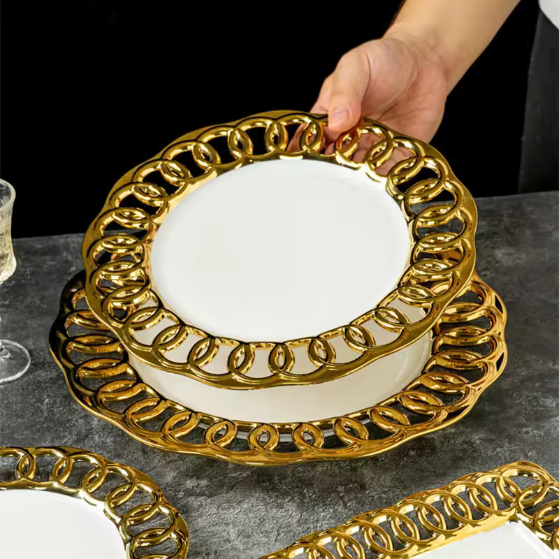 Prato de cerâmica oco banhado a ouro, prato de bife, prato de lanche e sobremesa, pratos de sala... | Ali Express BR
